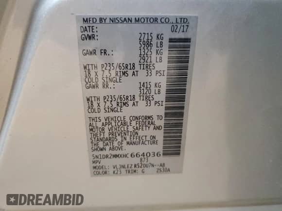 2017 Nissan Pathfinder S with VIN 5N1DR2MMXHC664036, listed as a Copart auction lot 81662125 with Not provided miles and Salvage title. Bid and sale history available at DreamBid. Image 13.