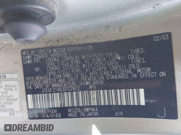 2003 Toyota Highlander Limited с VIN JTEGF21A630102872, выставлен на аукционе IAAI как лот 43476916 с пробегом 189 124 миль миль и . История ставок и продаж доступна на DreamBid. Изображение 9.