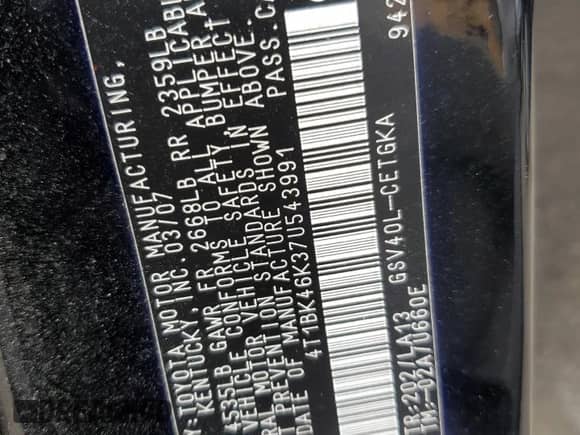 2007 Toyota Camry XLE с VIN 4T1BK46K37U543991, выставлен на аукционе Copart как лот 87474665 с пробегом 123 507 миль миль и Списание • Salvage title. История ставок и продаж доступна на DreamBid. Изображение 13.