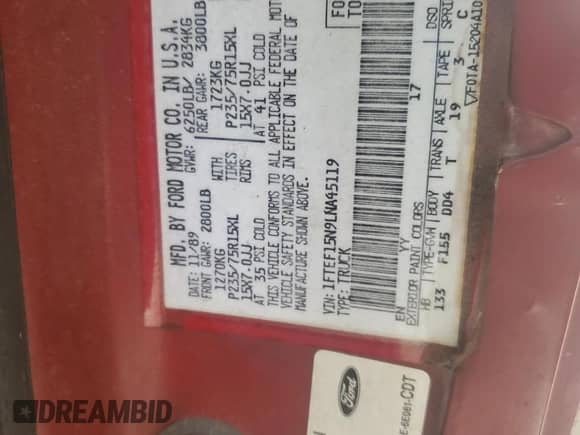 1990 Ford F-150 with VIN 1FTEF15N9LNA45119, listed as a Copart auction lot 84592895 with 30,821 mi miles and Salvage title. Bid and sale history available at DreamBid. Image 12.