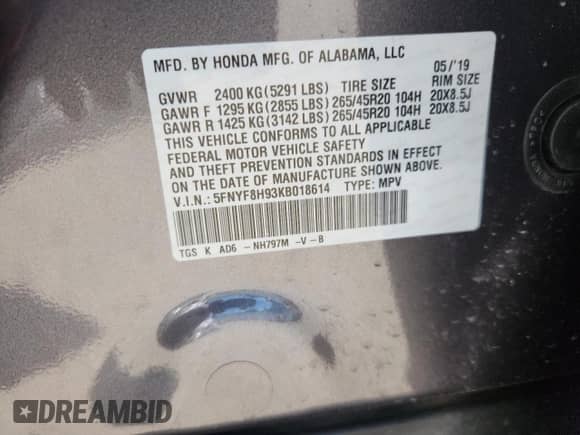 2019 Honda Passport Touring with VIN 5FNYF8H93KB018614, listed as a Copart auction lot 60884775 with 22,809 mi miles and Salvage title. Bid and sale history available at DreamBid. Image 13.