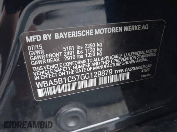 2016 BMW 5 Series 535i with VIN WBA5B1C57GG129879, listed as a IAAI auction lot 42994563 with Not provided miles and . Bid and sale history available at DreamBid. Image 9.