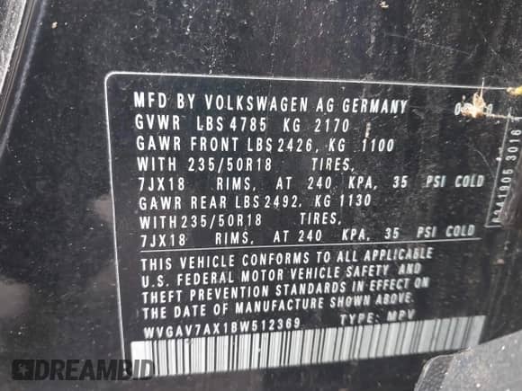 2011 Volkswagen Tiguan S with VIN WVGAV7AX1BW512369, listed as a IAAI auction lot 42859666 with 182,593 mi miles and . Bid and sale history available at DreamBid. Image 9.