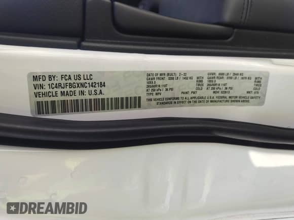 2022 Jeep Grand Cherokee Limited with VIN 1C4RJFBGXNC142184, listed as a IAAI auction lot 42577192 with 76,426 mi miles and . Bid and sale history available at DreamBid. Image 9.