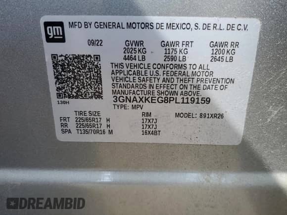 2023 Chevrolet Equinox LT с VIN 3GNAXKEG8PL119159, выставлен на аукционе Copart как лот 70341115 с пробегом 42 871 миль миль и На запчасти • Non repairable. История ставок и продаж доступна на DreamBid. Изображение 13.