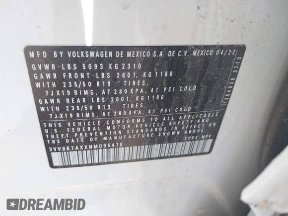 2022 Volkswagen Tiguan SE R-Line Black с VIN 3VV8B7AXXNM095478, выставлен на аукционе IAAI как лот 42056142 с пробегом 24 609 миль миль и . История ставок и продаж доступна на DreamBid. Изображение 9.