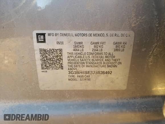 2018 Chevrolet Cruze LT z VIN 3G1BH6SE3JS636492, wystawiony jako Copart lot #80988884 z przebiegiem Nie podano mil oraz Szkoda całkowita • Salvage title. Historia ofert i sprzedaży dostępna na DreamBid. Obrazek 13.