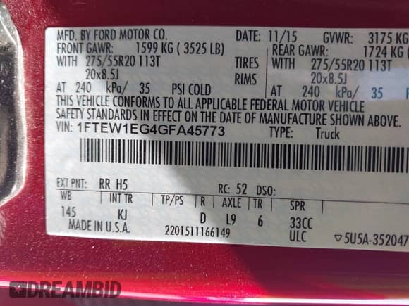 2016 Ford F-150 XLT with VIN 1FTEW1EG4GFA45773, listed as a IAAI auction lot 43541374 with 52,850 mi miles and . Bid and sale history available at DreamBid. Image 9.