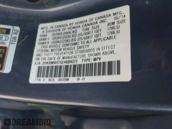 2014 Honda CR-V EX-L with VIN 2HKRM4H75EH684073, listed as a IAAI auction lot 43309199 with 210,526 mi miles and . Bid and sale history available at DreamBid. Image 9.