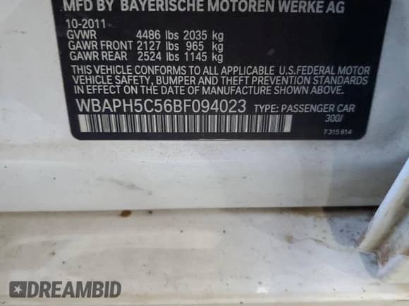 2011 BMW 3 Series 328i с VIN WBAPH5C56BF094023, выставлен на аукционе Copart как лот 63217425 с пробегом Не указан миль и Списание • Salvage title. История ставок и продаж доступна на DreamBid. Изображение 12.