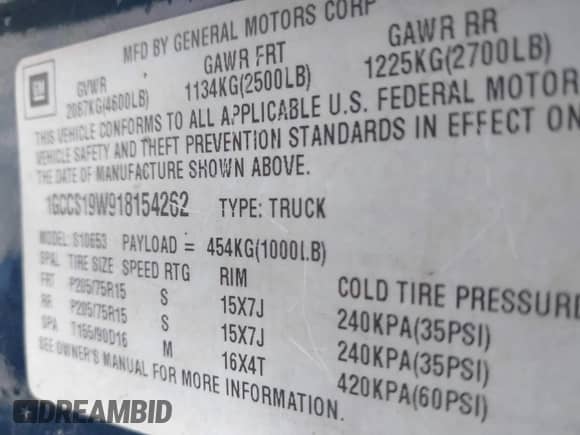2001 Chevrolet S-10 LS с VIN 1GCCS19W918154262, выставлен на аукционе IAAI как лот 42641523 с пробегом 213 737 миль миль и . История ставок и продаж доступна на DreamBid. Изображение 9.