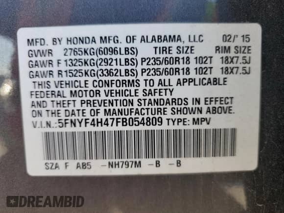 2015 Honda Pilot EX with VIN 5FNYF4H47FB054809, listed as a Copart auction lot 71882685 with 137,201 mi miles and Clean title. Bid and sale history available at DreamBid. Image 13.