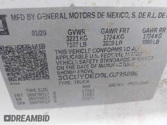 2020 Chevrolet Silverado 1500 LT with VIN 3GCUYDED9LG235896, listed as a IAAI auction lot 43487697 with 147,337 mi miles and . Bid and sale history available at DreamBid. Image 9.