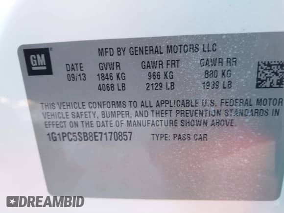 2014 Chevrolet Cruze 1LT z VIN 1G1PC5SB8E7170857, wystawiony jako IAAI lot #41218138 z przebiegiem 126 747 mil mil oraz . Historia ofert i sprzedaży dostępna na DreamBid. Obrazek 9.