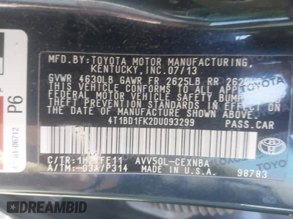 2013 Toyota Camry LE z VIN 4T1BD1FK2DU093299, wystawiony jako IAAI lot #43405541 z przebiegiem 151 153 mil mil oraz . Historia ofert i sprzedaży dostępna na DreamBid. Obrazek 9.