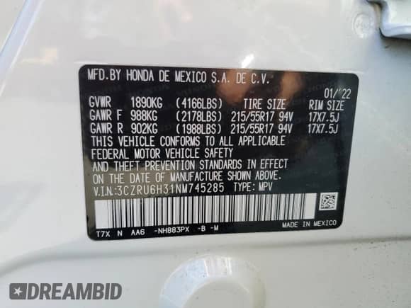2022 Honda HR-V LX with VIN 3CZRU6H31NM745285, listed as a Copart auction lot 85388705 with 41,976 mi miles and Salvage title. Bid and sale history available at DreamBid. Image 14.