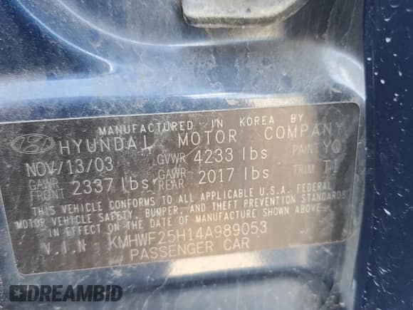 2004 Hyundai Sonata with VIN KMHWF25H14A989053, listed as a Copart auction lot 54764335 with 141,958 mi miles and Salvage title. Bid and sale history available at DreamBid. Image 12.