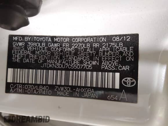 2012 Toyota Prius One with VIN JTDKN3DU7C5507705, listed as a IAAI auction lot 42745599 with 142,521 mi miles and . Bid and sale history available at DreamBid. Image 9.