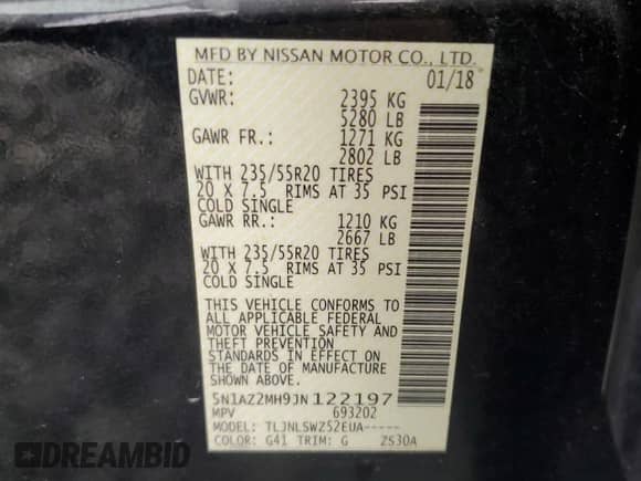 2018 Nissan Murano Platinum z VIN 5N1AZ2MH9JN122197, wystawiony jako Copart lot #81842005 z przebiegiem 149 425 mil mil oraz Szkoda całkowita • Salvage title. Historia ofert i sprzedaży dostępna na DreamBid. Obrazek 12.