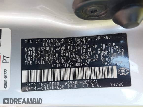 2012 Toyota Camry SE with VIN 4T1BF1FK2CU608147, listed as a IAAI auction lot 43275355 with 187,027 mi miles and . Bid and sale history available at DreamBid. Image 9.