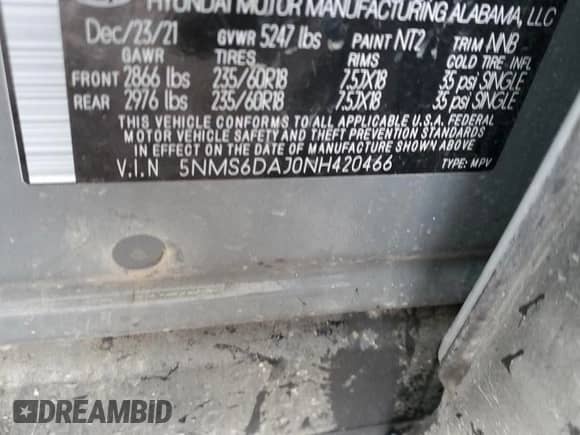 2022 Hyundai Santa Fe XRT с VIN 5NMS6DAJ0NH420466, выставлен на аукционе Copart как лот 73763182 с пробегом 9 333 миль миль и . История ставок и продаж доступна на DreamBid. Изображение 14.