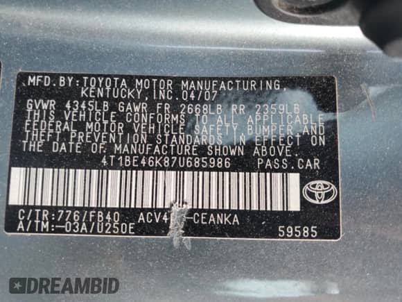 2007 Toyota Camry XLE z VIN 4T1BE46K87U685986, wystawiony jako Copart lot #71818425 z przebiegiem 71 212 mil mil oraz Szkoda całkowita • Salvage title. Historia ofert i sprzedaży dostępna na DreamBid. Obrazek 13.