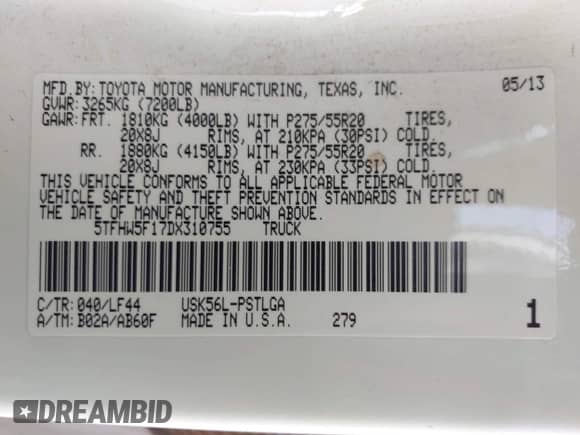 2013 Toyota Tundra Limited с VIN 5TFHW5F17DX310755, выставлен на аукционе IAAI как лот 42721884 с пробегом 122 805 миль миль и . История ставок и продаж доступна на DreamBid. Изображение 9.
