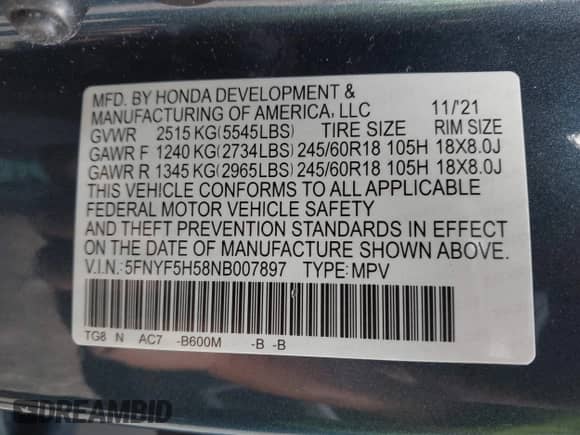 2022 Honda Pilot EX-L z VIN 5FNYF5H58NB007897, wystawiony jako IAAI lot #41868029 z przebiegiem 91 432 mil mil oraz . Historia ofert i sprzedaży dostępna na DreamBid. Obrazek 9.
