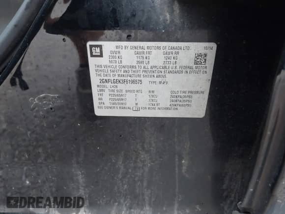 2015 Chevrolet Equinox LT with VIN 2GNFLGEK3F6196575, listed as a IAAI auction lot 43130004 with 137,989 mi miles and . Bid and sale history available at DreamBid. Image 9.