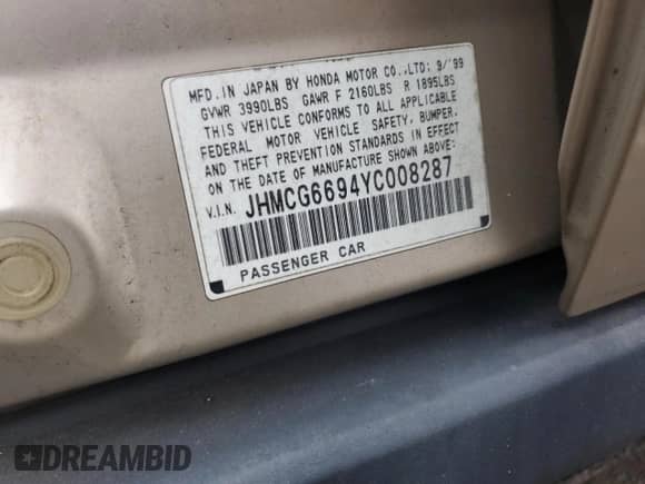 2000 Honda Accord SE with VIN JHMCG6694YC008287, listed as a Copart auction lot 86130575 with 188,593 mi miles and Clean title. Bid and sale history available at DreamBid. Image 12.