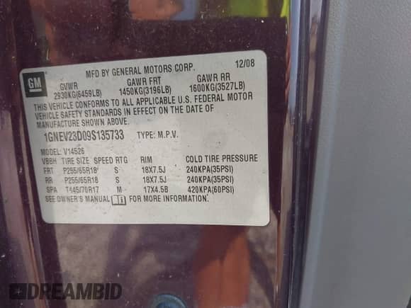 2009 Chevrolet Traverse 2LT with VIN 1GNEV23D09S135733, listed as a IAAI auction lot 42614276 with 153,000 mi miles and . Bid and sale history available at DreamBid. Image 9.