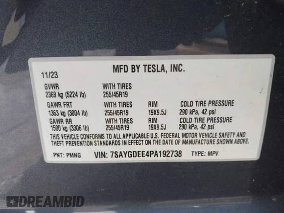2023 Tesla Model Y Long Range with VIN 7SAYGDEE4PA192738, listed as a IAAI auction lot 43364402 with 14,872 mi miles and . Bid and sale history available at DreamBid. Image 9.