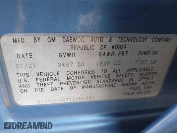 2007 Chevrolet Aveo LT z VIN KL1TG56677B065483, wystawiony jako IAAI lot #42429521 z przebiegiem 199 082 mil mil oraz . Historia ofert i sprzedaży dostępna na DreamBid. Obrazek 9.