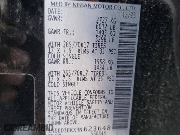 2024 Nissan Frontier Pro-4X z VIN 1N6ED1EKXRN623648, wystawiony jako Copart lot #84794185 z przebiegiem Nie podano mil oraz Nie do naprawy • Non repairable. Historia ofert i sprzedaży dostępna na DreamBid. Obrazek 12.