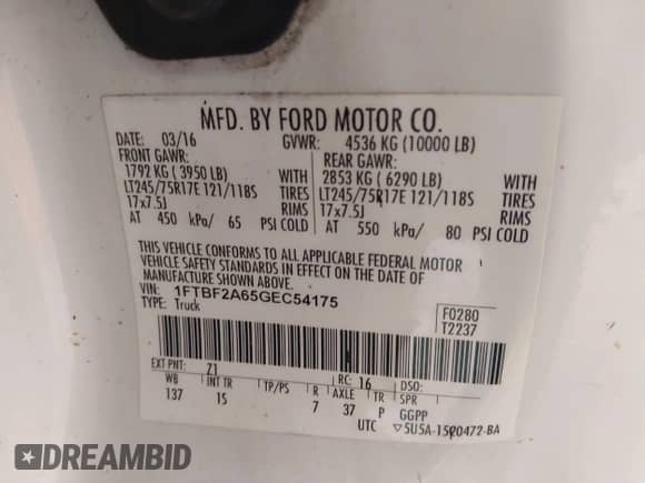 2016 Ford F-250 XL с VIN 1FTBF2A65GEC54175, выставлен на аукционе IAAI как лот 39594900 с пробегом 158 356 миль миль и . История ставок и продаж доступна на DreamBid. Изображение 9.