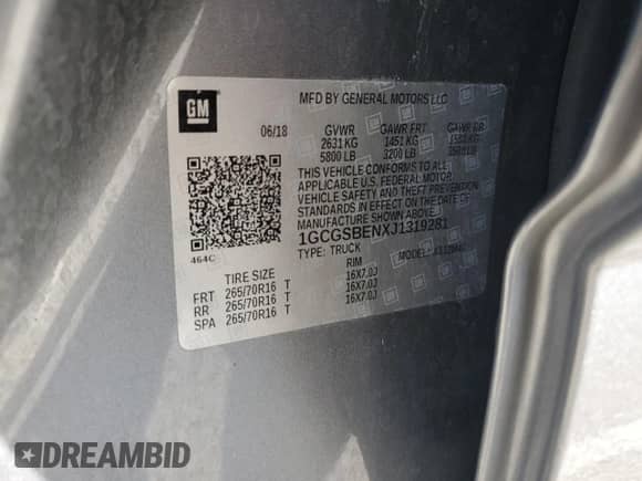 2018 Chevrolet Colorado 2WD Work Truck with VIN 1GCGSBENXJ1319281, listed as a Copart auction lot 63331855 with 47,453 mi miles and Salvage title. Bid and sale history available at DreamBid. Image 13.