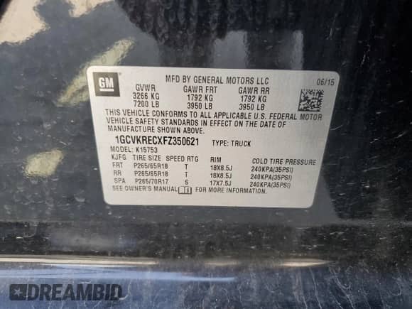 2015 Chevrolet Silverado 1500 LT with VIN 1GCVKRECXFZ350621, listed as a Copart auction lot 80060375 with 138,221 mi miles and Salvage title. Bid and sale history available at DreamBid. Image 12.