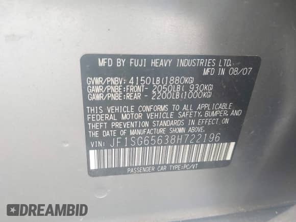 2008 Subaru Forester X with VIN JF1SG65638H722196, listed as a IAAI auction lot 42137812 with 176,065 mi miles and . Bid and sale history available at DreamBid. Image 9.