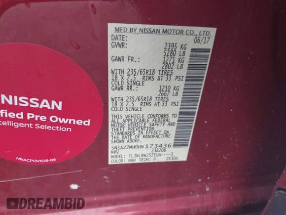 2017 Nissan Murano S with VIN 5N1AZ2MH0HN173436, listed as a IAAI auction lot 42459274 with 142,731 mi miles and . Bid and sale history available at DreamBid. Image 9.