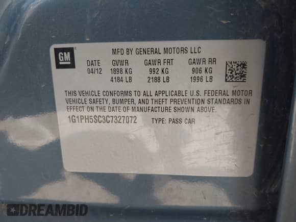 2012 Chevrolet Cruze LTZ with VIN 1G1PH5SC3C7327072, listed as a IAAI auction lot 43236216 with 184,800 mi miles and . Bid and sale history available at DreamBid. Image 9.