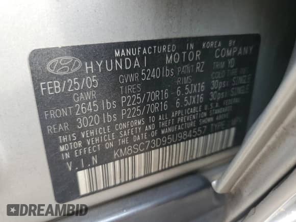 2005 Hyundai Santa Fe GLS с VIN KM8SC73D95U984557, выставлен на аукционе Copart как лот 71441994 с пробегом 157 371 миль миль и Списание • Salvage title. История ставок и продаж доступна на DreamBid. Изображение 13.