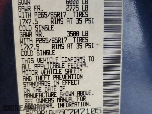 2005 Nissan Pathfinder SE with VIN 5N1AR18W55C707105, listed as a Copart auction lot 71781005 with 152,140 mi miles and Salvage title. Bid and sale history available at DreamBid. Image 14.