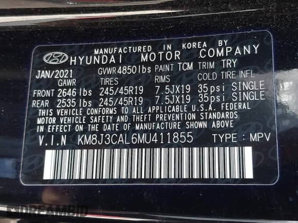 2021 Hyundai Tucson Sport с VIN KM8J3CAL6MU411855, выставлен на аукционе IAAI как лот 41694634 с пробегом 67 779 миль миль и . История ставок и продаж доступна на DreamBid. Изображение 9.