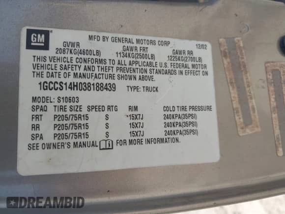 2003 Chevrolet S-10 LS с VIN 1GCCS14H038188439, выставлен на аукционе IAAI как лот 42543738 с пробегом 185 862 миль миль и . История ставок и продаж доступна на DreamBid. Изображение 9.