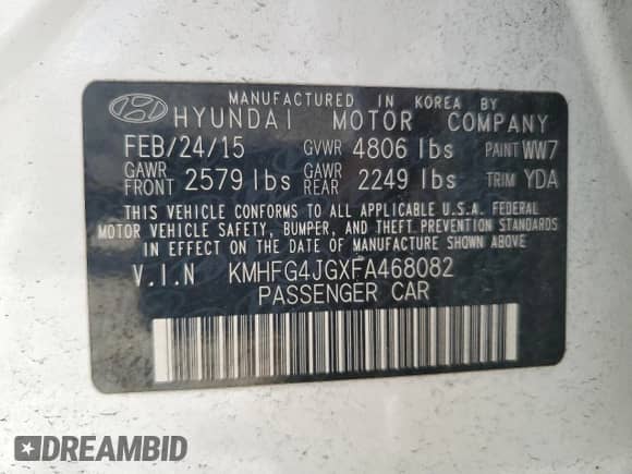 2015 Hyundai Azera с VIN KMHFG4JGXFA468082, выставлен на аукционе Copart как лот 69019715 с пробегом 127 984 миль миль и Чистый • Clean title. История ставок и продаж доступна на DreamBid. Изображение 12.