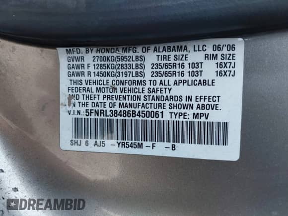 2006 Honda Odyssey EX с VIN 5FNRL38486B450061, выставлен на аукционе IAAI как лот 43532271 с пробегом 215 219 миль миль и . История ставок и продаж доступна на DreamBid. Изображение 9.