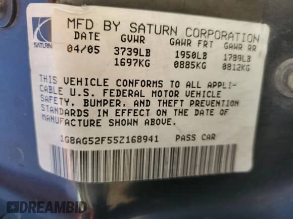 2005 Saturn ION ION 1 с VIN 1G8AG52F55Z168941, выставлен на аукционе Copart как лот 57833535 с пробегом 148 767 миль миль и Списание • Salvage title. История ставок и продаж доступна на DreamBid. Изображение 13.