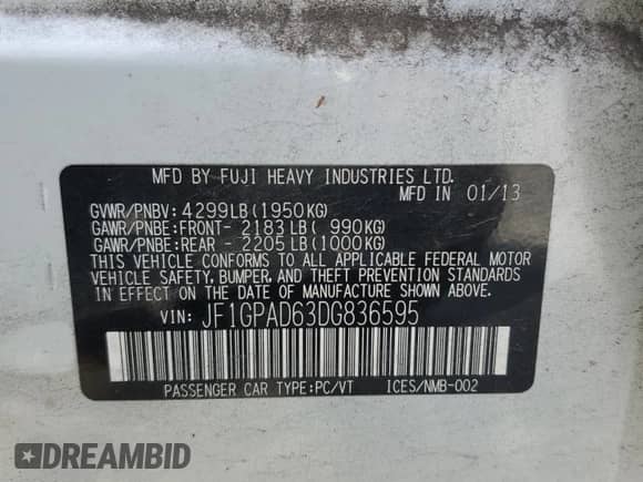 2013 Subaru Impreza Premium with VIN JF1GPAD63DG836595, listed as a Copart auction lot 68912905 with 194,511 mi miles and Salvage title. Bid and sale history available at DreamBid. Image 13.