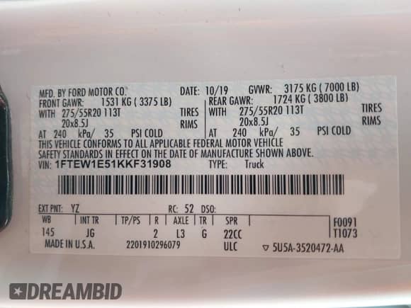 2019 Ford F-150 XL with VIN 1FTEW1E51KKF31908, listed as a IAAI auction lot 42327056 with Not provided miles and . Bid and sale history available at DreamBid. Image 9.