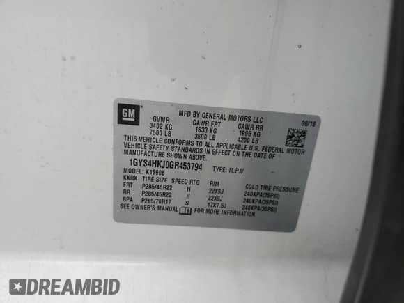 2016 Cadillac Escalade ESV Luxury Collection with VIN 1GYS4HKJ0GR453794, listed as a Copart auction lot 52775335 with 134,054 mi miles and Salvage title. Bid and sale history available at DreamBid. Image 15.